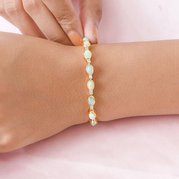 Nat&uuml;rliches, &auml;thiopisches Welo Opal und wei&szlig;es Zirkon-Armband, ca. 19 cm, 925 Silber vergoldet ca. 7.35 ct image number 3