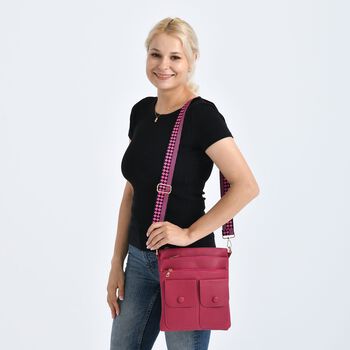 Umh&auml;ngetasche aus feinem Lederimitat mit mehreren Taschen, 120cm Trageriemen, 24x27cm, Rosenrot