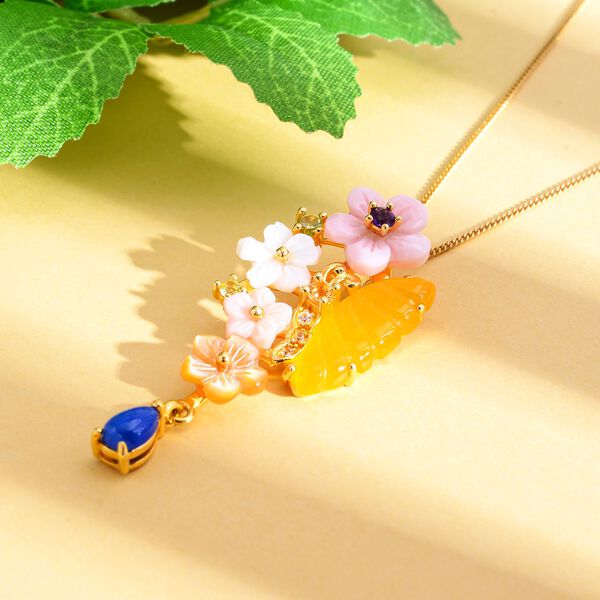 Jardin Kollektion - Gelber Jade und rosa Perlmutt-Anhänger mit Kette, 925 Silber Gelbgold Vermeil ca. 3.49 ct image number 3