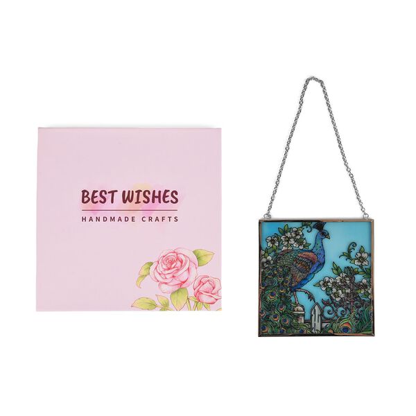 Handbemalter Sonnenf&auml;nger aus Glas mit Kette und silberfarbenem Rahmen, Blumen-Motiv, 12x15 cm