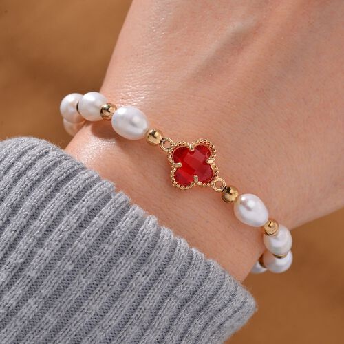 Glas, Weiße Süßwasser Perle Armband BR-Stretch Standard gelb vergoldet image number 1