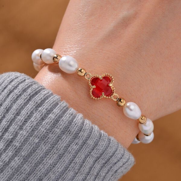 Glas, Weiße Süßwasser Perle Armband BR-Stretch Standard gelb vergoldet image number 1