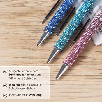 3er-Set Kugelschreiber mit Strassbesatz und Diamantspitze, inkl. 3 blauer Ersatzminen, 15cm,, Mehrfarbig