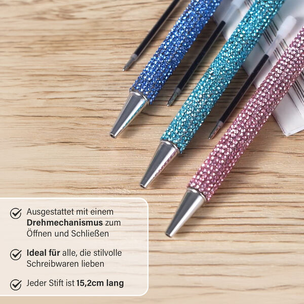 3er-Set Kugelschreiber mit Strassbesatz und Diamantspitze, inkl. 3 blauer Ersatzminen, 15cm,, Mehrfarbig image number 4