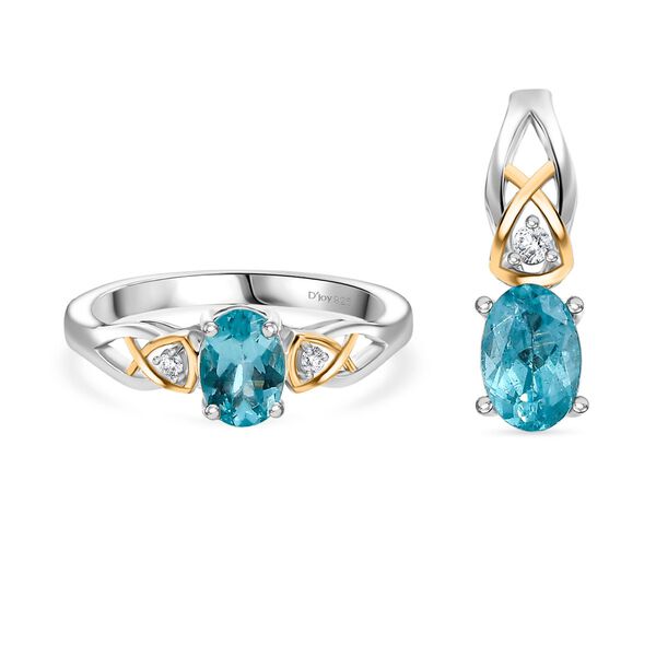 2er Set - D'joy Betroka Blauer Apatit Ring und Anh&auml;nger, 925 Silber platiniert und vergoldet (Gr&ouml;&szlig;e 20.00) ca. 1.44 ct image number 0