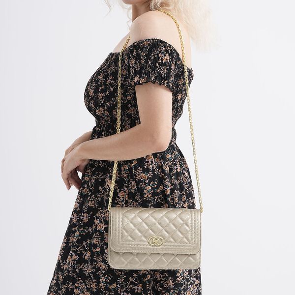 Crossbody-Tasche aus Echtleder mit Kettenriemen, 23,5x14x8 cm, Gold image number 3