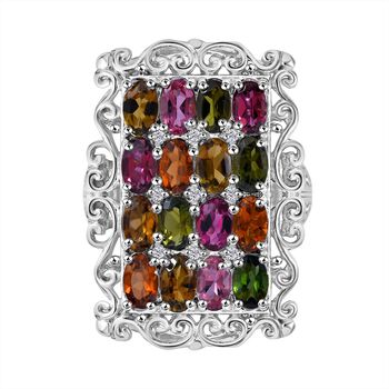 Mehrfarbiger-Turmalin, Wei&szlig;er Zirkon Ring 925 Silber rhodiniert (Gr&ouml;&szlig;e 18.00) ca. 3.64 ct