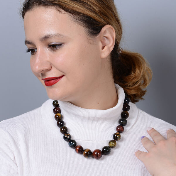 Mehrfarbige Tigerauge-Halskette, ca. 50 cm lang mit Magnetschloss, 925 Silber, ca. 823,65 ct image number 3