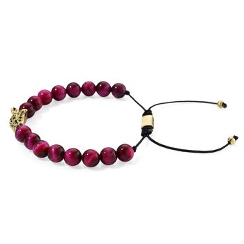 Fuchsia gef&auml;rbtes Tigerauge, Schwarzer Zirkonia Armband, flexibel, Messing