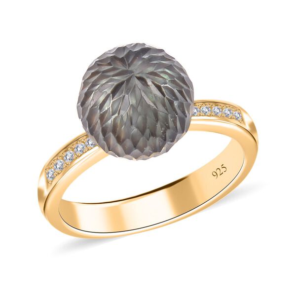 Handgeschnitzter 11-12mm Tahiti-Perle und Zirkon-Ring, 925 Silber Gelbgold Vermeil - 0,13 ct. image number 4