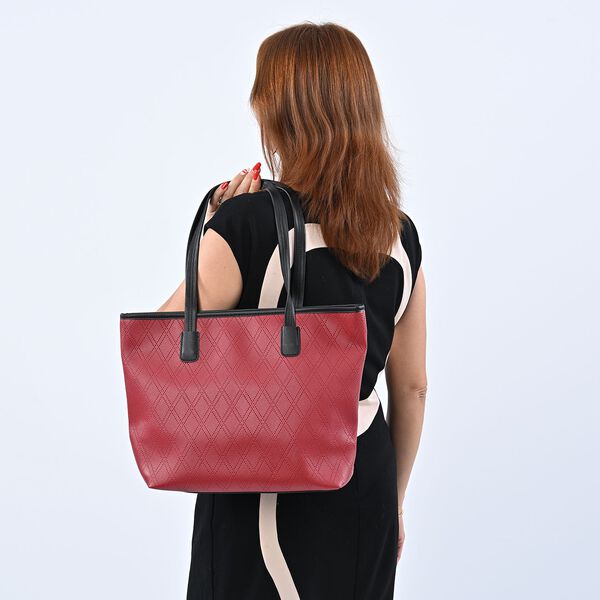 Moderne Handtasche aus naturfreundlichem Kunstleder, Karomuster, Weinrot image number 2