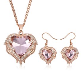 2er Set - Glas, Kristall Anhänger mit Kette und Ohrringe, Rosa