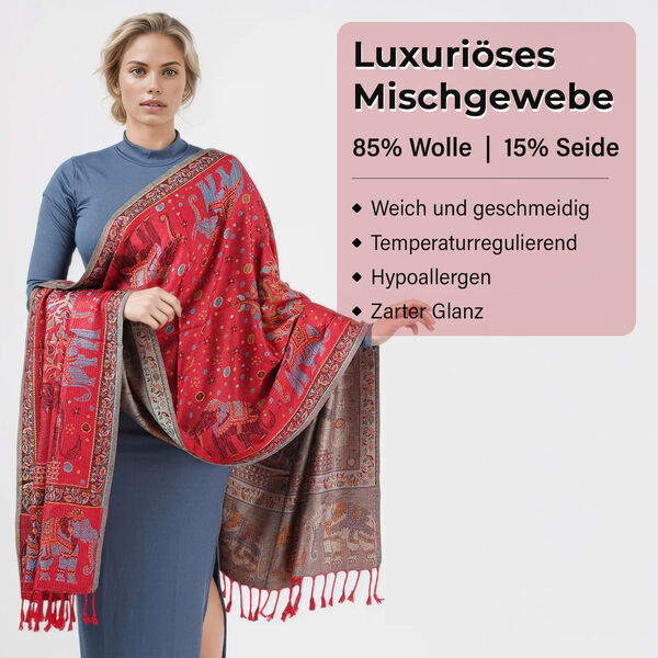 Jamawar-Schal, 3-Schiffchen-Webung, 70x200 cm, Elefant image number 2