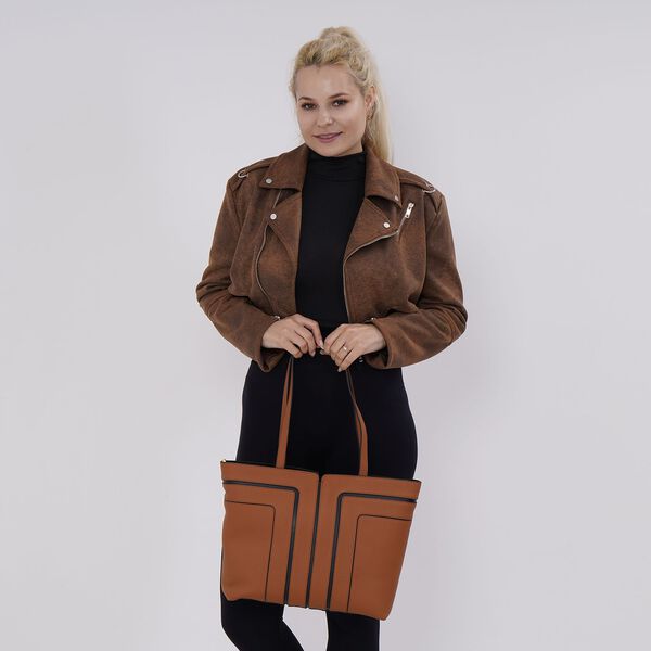 lifestyle-Color:Brown with black size/Profile: Tote bag:wall(exterior);Genuine Leather. Lining(interior):polyester  Pockets(exterior):zipped-1;(interior):Zipped-2 slip-1.Measurement(cm):  L:32*W12*H28cm.Hand strap 27cm Closure Type:zipped.zipped type: Met image number 1