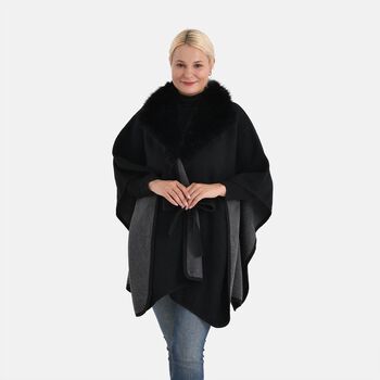 LA MAREY Poncho mit Kunstfellkragen und G&uuml;rtel, Einheitsgr&ouml;&szlig;e, 80x103cm, Schwarz