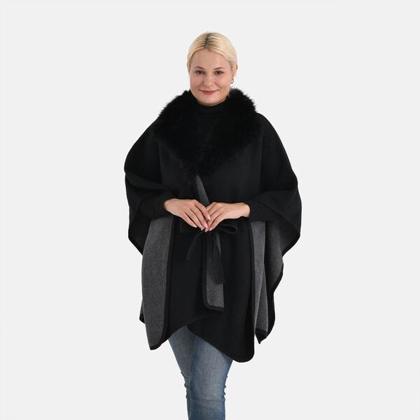 LA MAREY - Poncho mit Kunstfellkragen und G&uuml;rtel, One Size, Schwarz image number 4