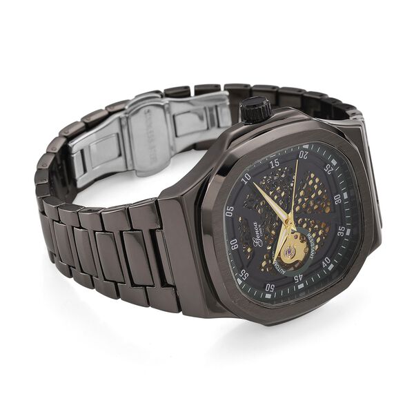 GENOA - Automatikuhr mit Skelett-Design, Edelstahlarmband, 3ATM wasserdicht, Gr&uuml;nes Zifferblatt, Schwarzplattierung, ca. 20 cm image number 5