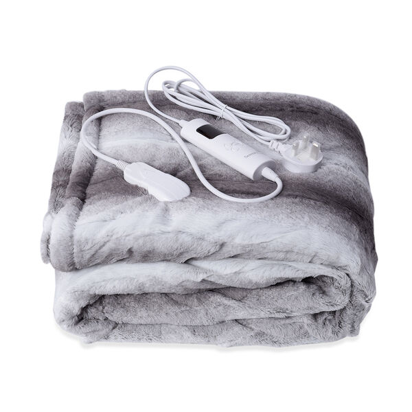 SERENITY NIGHT: Elektrisch beheizbare Kunstpelzdecke aus weichem, kuscheligem Pl&uuml;sch, 2-lagig, Streifenmuster, Wei&szlig;