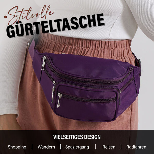 Nylon-Gürteltasche mit RFID-Schutz, 37x10x13,5cm, Lila image number 1