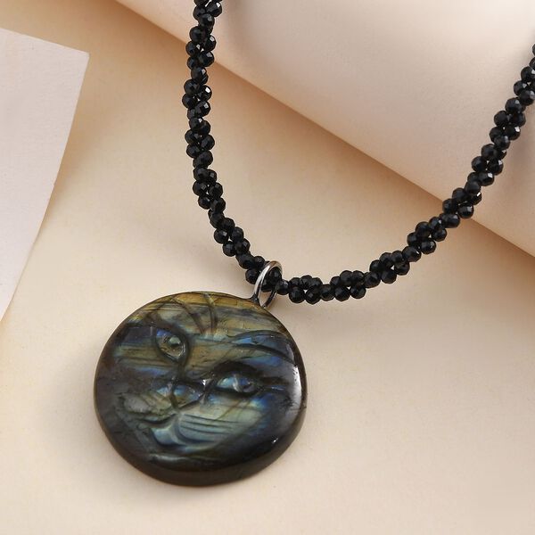 Labradorit und schwarze Spinell-Katze-Halskette, 50 cm - 115 ct. image number 2