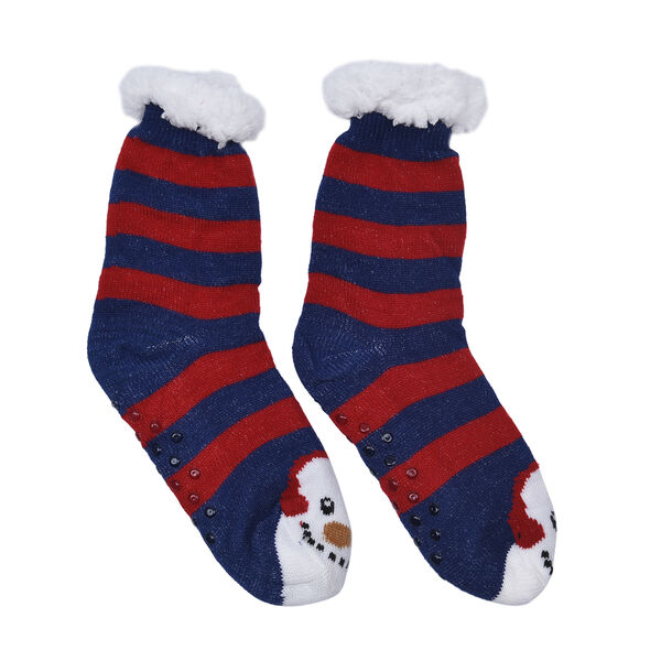 2er-Set - 2 Paar rutschfeste Haus Socken mit warmem Sherpa Futter, Einheitsgröße Weihnachtsmotiv, Rot und Dunkelblau  image number 3