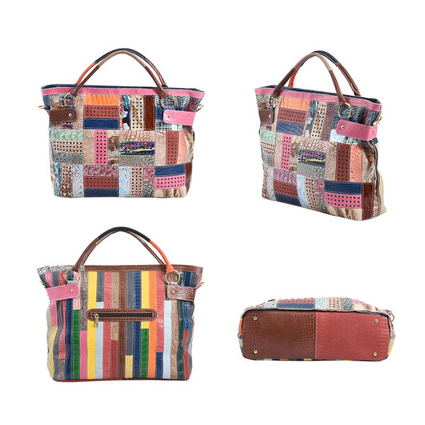 Chaos by Elsie: Patchwork Schultertasche aus 100% echtem Leder mit RFID Schutz, Gr&ouml;&szlig;e 43x15x32 cm, Rosa image number 4