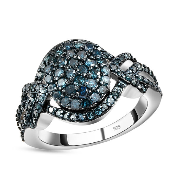 Blauer Diamant Cluster-Halo-Ring in Silber image number 4