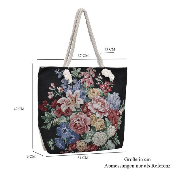 Gewebte Jutetasche mit buntem Blumenmuster, Maße: 42x34xx37cm, Schwarz image number 7