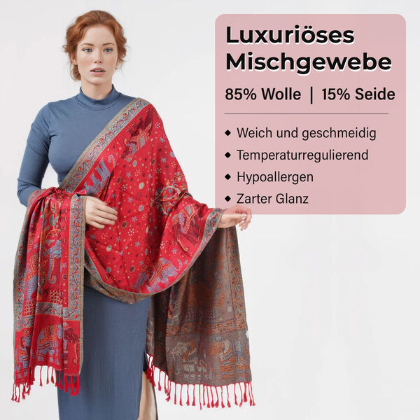 Jamawar-Schal, 3-Schiffchen-Webung, 70x200 cm, Rot image number 2