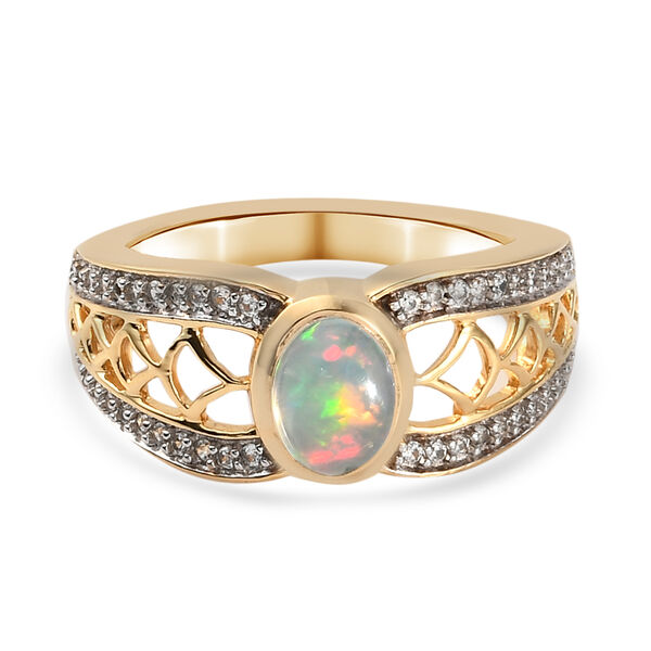 Nat&uuml;rlicher &Auml;thiopischer Opal und Zirkon Ring 925 Silber Gelbgold Vermeil