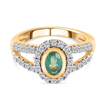 Kagem sambischer Smaragd und wei&szlig;er Zirkon-Ring, 925 Silber vergoldet (Gr&ouml;&szlig;e 21.00) ca. 1.39 ct