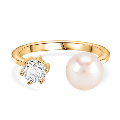 Wei&szlig;e S&uuml;&szlig;wasser Perle, Wei&szlig;er Zirkonia Ring Nickelfreies Messing, Goldfarben, Flexibles (Gr&ouml;&szlig;e 16.00-18.00)