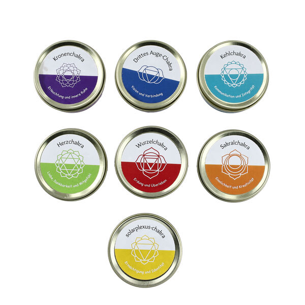 7er Set Chakra Duftkerzen mit Edelsteinen &ndash; Aromatherapie f&uuml;r K&ouml;rper und Geis, 10h Brenndauer image number 5