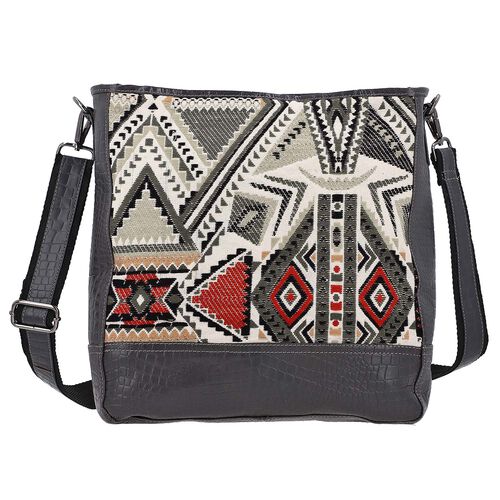 Crossbody Bag mit Krokoprägung aus echtem Leder und Jacquard mit Laptop-Hüllen, schwarz image number 0
