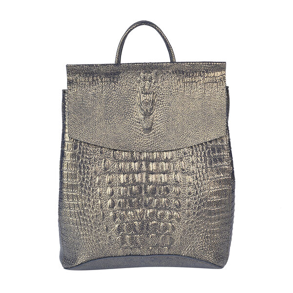 Rucksack aus 100% echtem Leder mit Kroko-Pr&auml;gung, Bronze