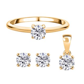 Moissanit Ring, Anhänger und Ohrringe, 925 Silber vergoldet ca. 1,70 ct