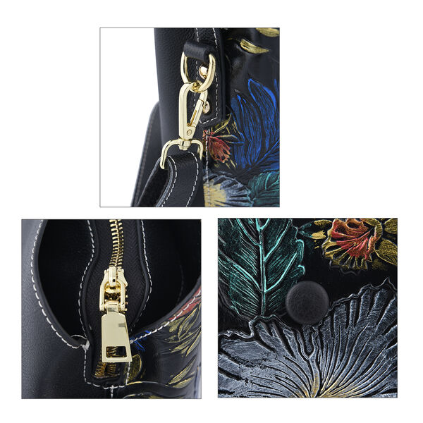 Crossbody Tasche aus 100% echtem Leder, Blumenmuster, Gr&ouml;&szlig;e 22x11x18 cm, Schwarz image number 3
