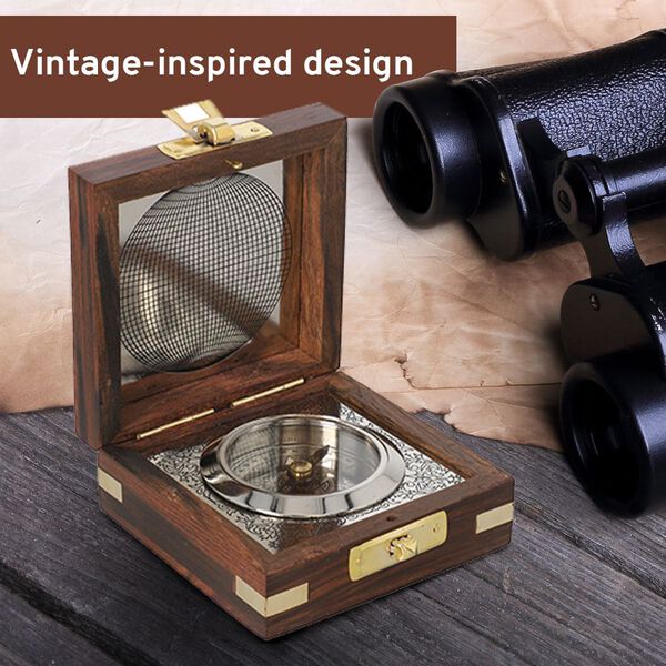 Indian Handycrafts: Handgemachtes Holzbox mit Messing Compass, Silber image number 4