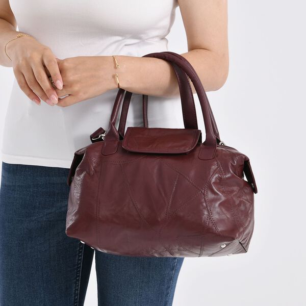 CLOSE OUT DEAL Patchwork-Tasche aus weichem Schafleder, mit Tragegriffen und abnehmbarem Schulterriemen, 29x15x21 cm, Burgund image number 3