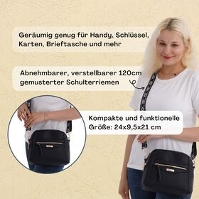 Crossbody-Tasche mit mehreren Rei&szlig;verschlussf&auml;chern und abnehmbarem Gurt, 25x9x18cm, Schwarz