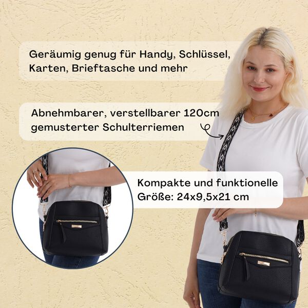Crossbody-Tasche mit mehreren Rei&szlig;verschlussf&auml;chern und abnehmbarem Gurt, 25x9x18cm, Schwarz image number 3