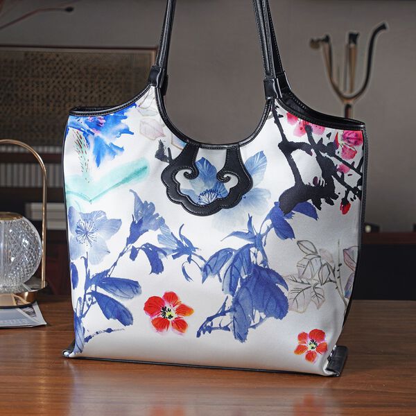 LA MAREY Brokat Handtasche aus Seide und Echtleder, 34x35x11,5cm, Wei&szlig; mit mehrfarbigen Blumen image number 1