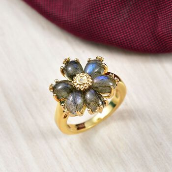 D'Joy AAA Labradorit, Wei&szlig;er Zirkon Ring 925 Silber 750 Gelb Vergoldet (Gr&ouml;&szlig;e 21.00) ca. 4,92 ct