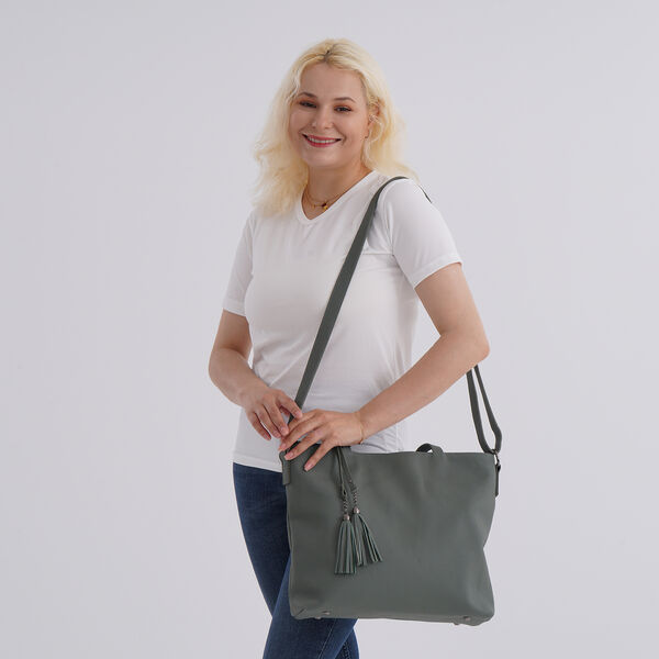 Echtleder-Tote-Bag mit Rei&szlig;verschlussfach hinten, Doppeltragegriff und Schulterriemen, 35x10x33 cm, Gr&uuml;n image number 1