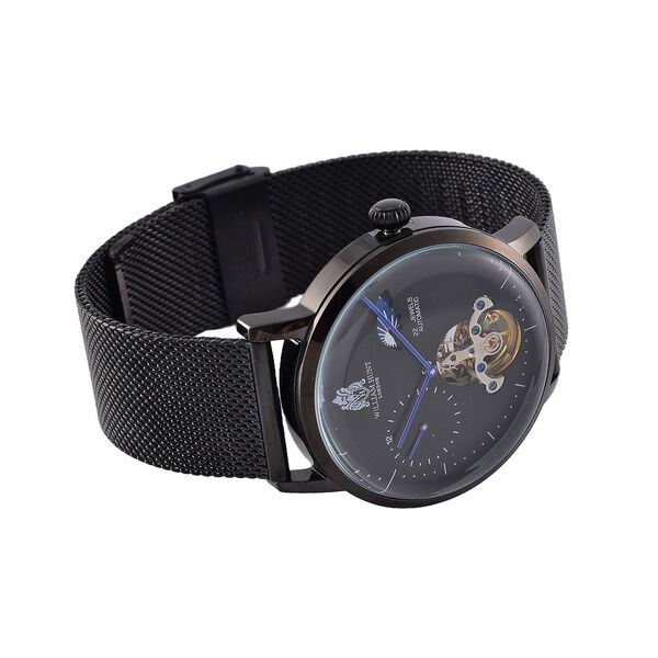 William Hunt Automatik-Uhr - IP-schwarzbeschichtetes Edelstahlgehäuse, schwarzes Multifunktionszifferblatt mit gewölbtem Glas, Edelstahl-Mesh-Armband, Glasboden, 5 ATM wasserdicht, Reiner Edelstahl image number 5