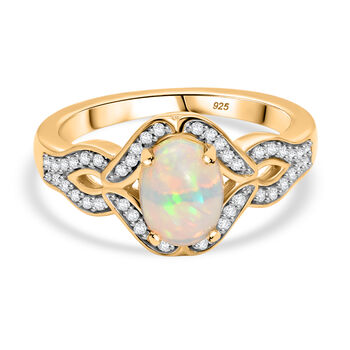 AA Nat&uuml;rlicher, &auml;thiopischer Welo Opal, Wei&szlig;er Zirkon Ring 925 Silber 750 Gelbgold Vermeil (Gr&ouml;&szlig;e 17.00) ca. 1,24 ct