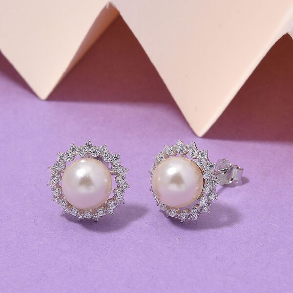 Weiße Zirkonia und Muschelkernperle Halo Ohrstecker, 925 Silber rhodiniert image number 2