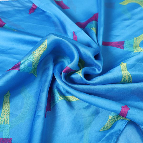 100 % natürlicher Satin Seiden Schal, 165x50 cm, Eiffelturm Muster, Blau image number 6