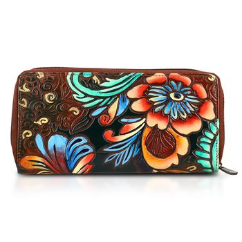 Handbemalte Leder Geldb&ouml;rse RFID, Tan, 22.8 x 2.5 x 12.7 cm