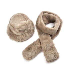 2er Set - Superweiche Kunstfell Hut und Schal, 60cmx195cm, Braun